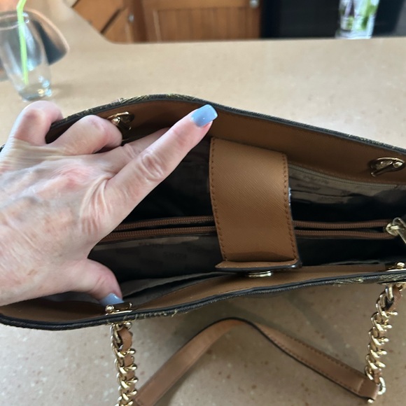Michael Kors Brown and Gold Floral Shoulder Bag, Gold Chain Handles. - Picture 6 of 6